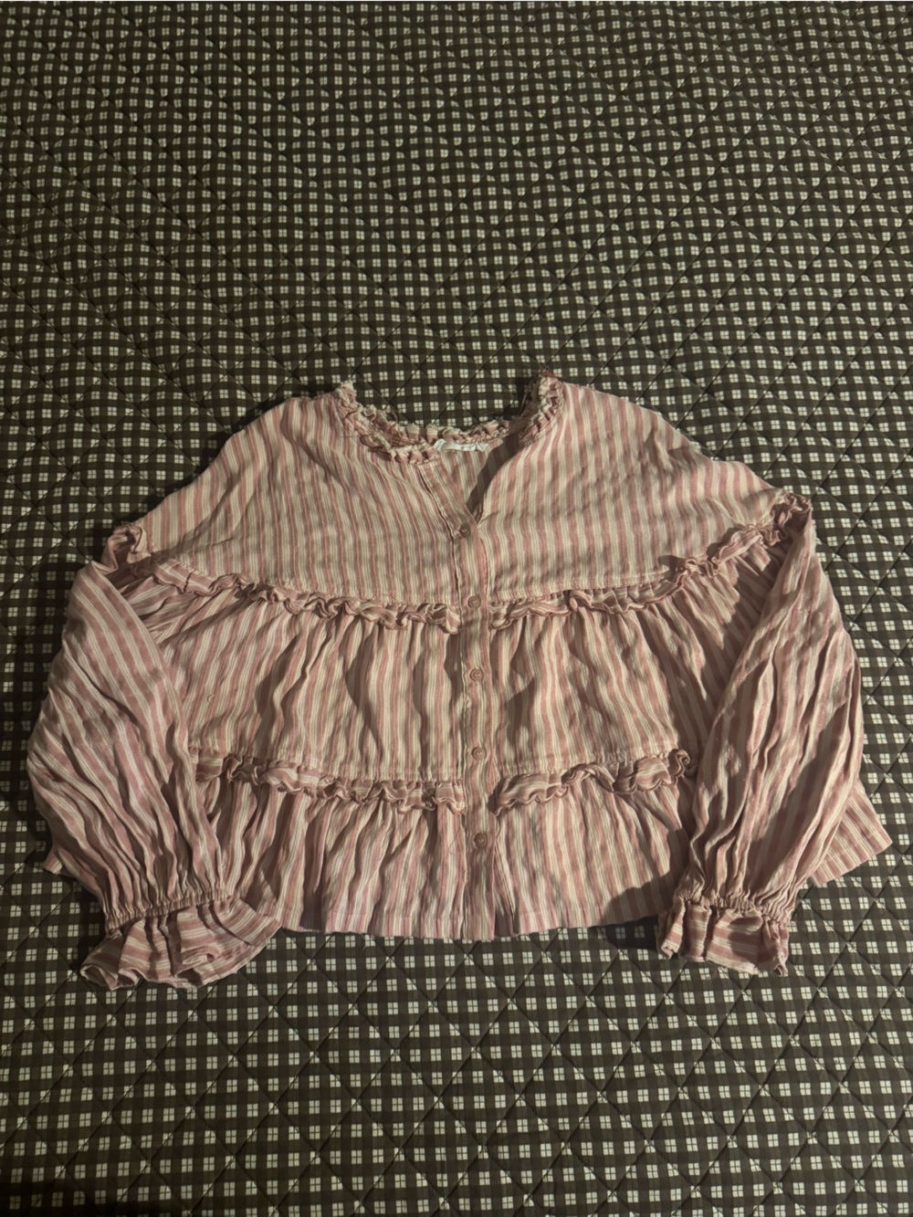 Striped Pink Ruffle Button-Front Women's Top